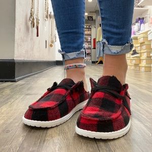 Gypsy Jazz red plaid heeless slip ons